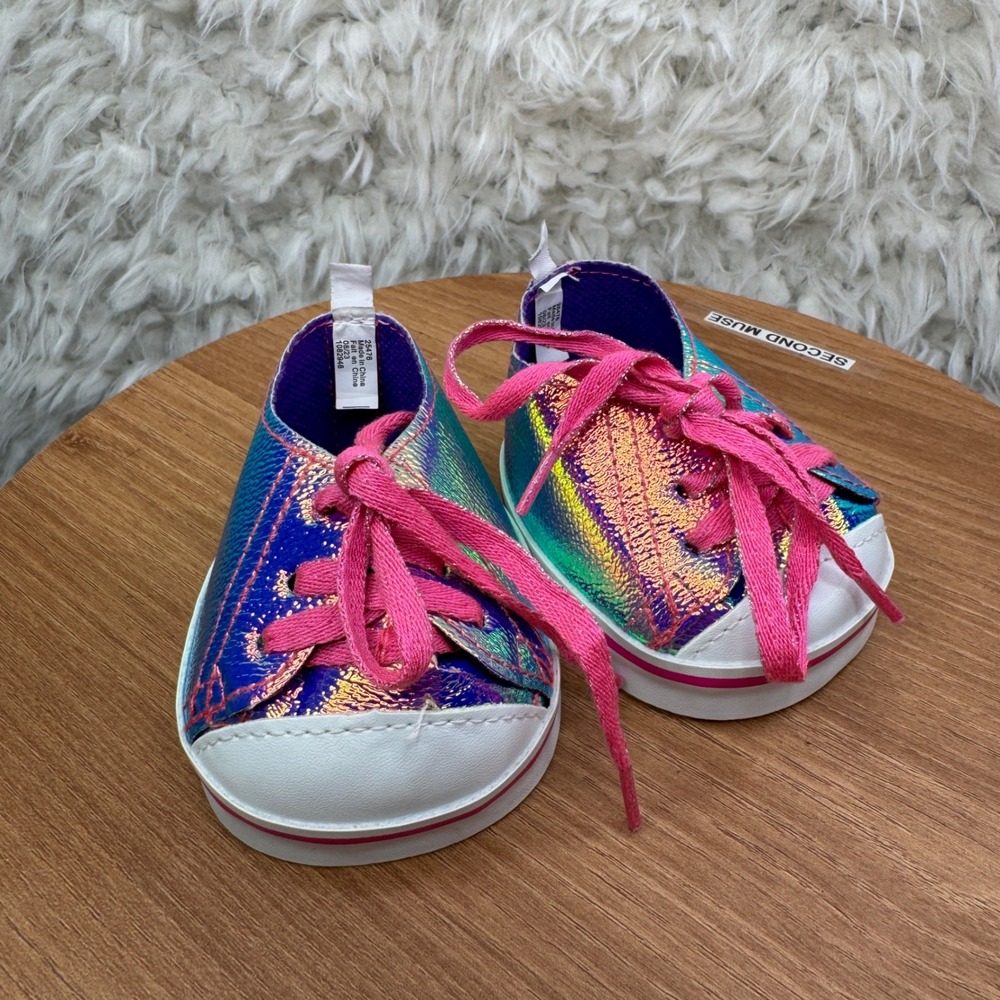 Build A Bear BAB Workshop Metallic Iridescent Rainbow Sparkle Sneakers Shoes